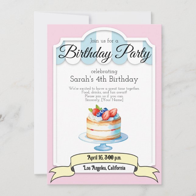 pastel color cake, Birthday party invitation (Front)