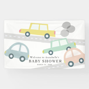 Pastel Color Cars Balloons White Baby Shower Banner