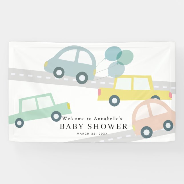 Pastel Color Cars Balloons White Boy Baby Shower Banner (Horizontal)