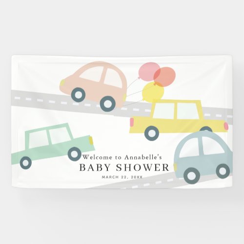 Pastel Color Cars Balloons White Girl Baby Shower Banner