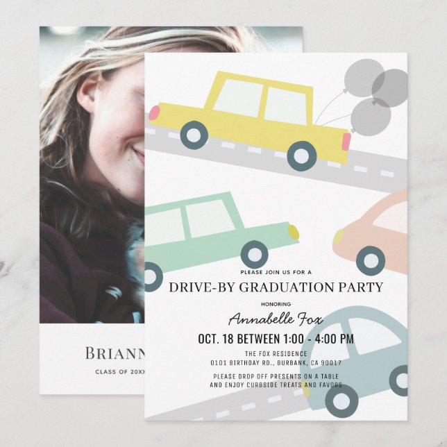 Pastel Color Cars Photo Drive-by Graduation Party Invitation (Front/Back)