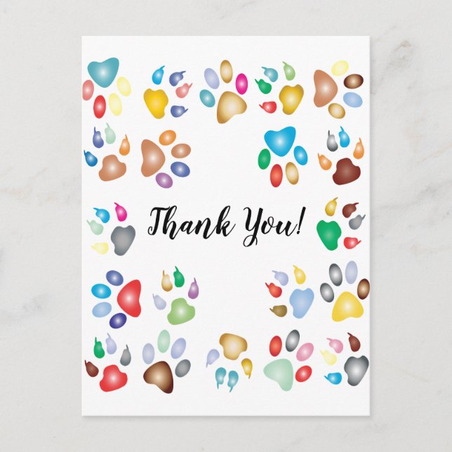 Pastel Color Pawprints Thank You Postcard (Front)