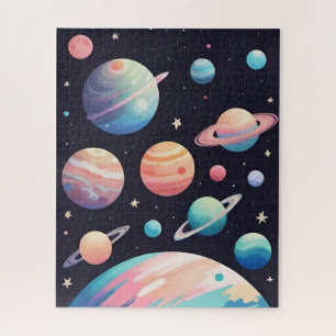 Pastel color planets in dark space jigsaw puzzle