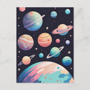 Pastel color planets in dark space postcard