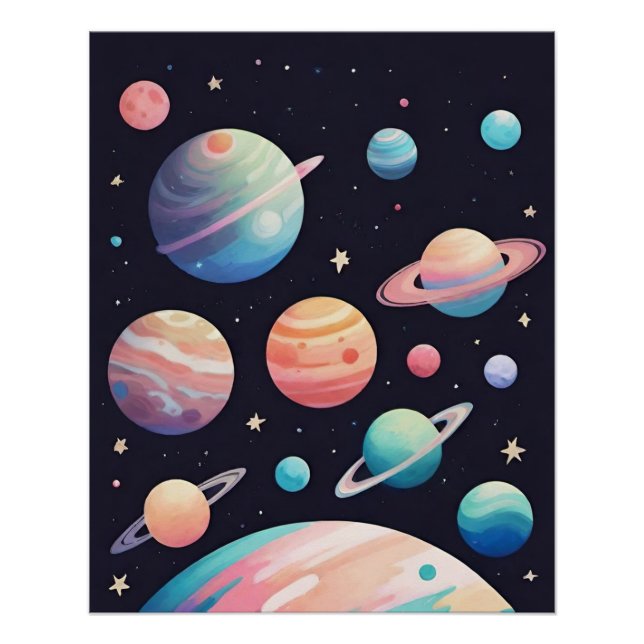 Pastel color planets in dark space poster (Front)