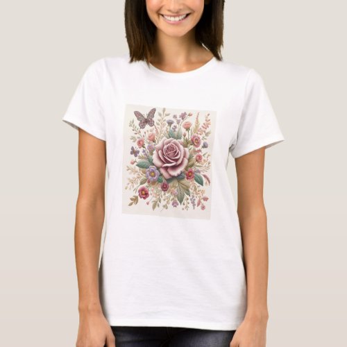 pastel color rose digital print embroidary T_Shirt