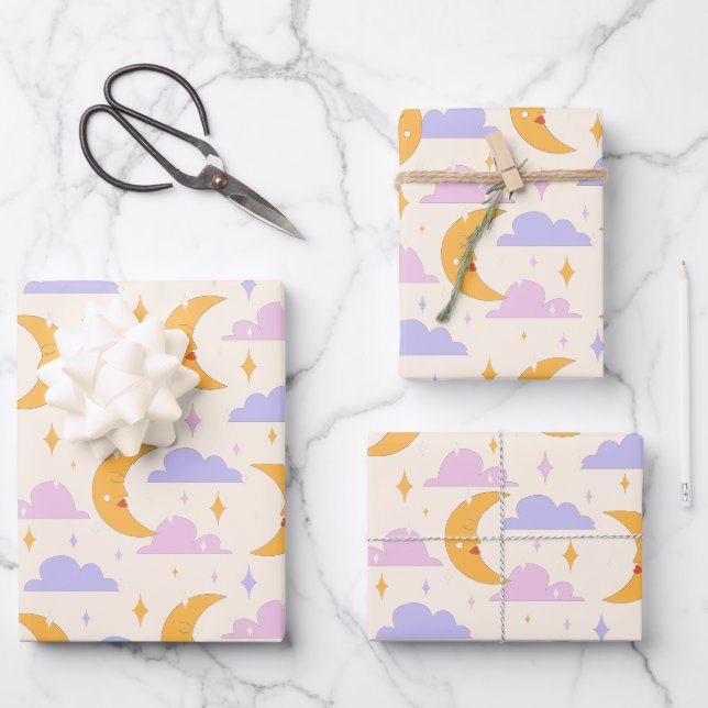 Pastel color sleep moon wrapping paper sheets (Front)