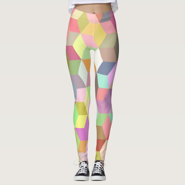 Pastel Color Spring & Summer Trendy Cubic Squares Leggings (Front)