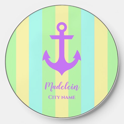 Pastel Color Stripes Nautical Anchor Custom Name  Wireless Charger