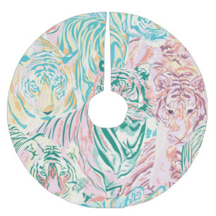Pastel Color Tiger Art Pattern Brushed Polyester Tree Skirt