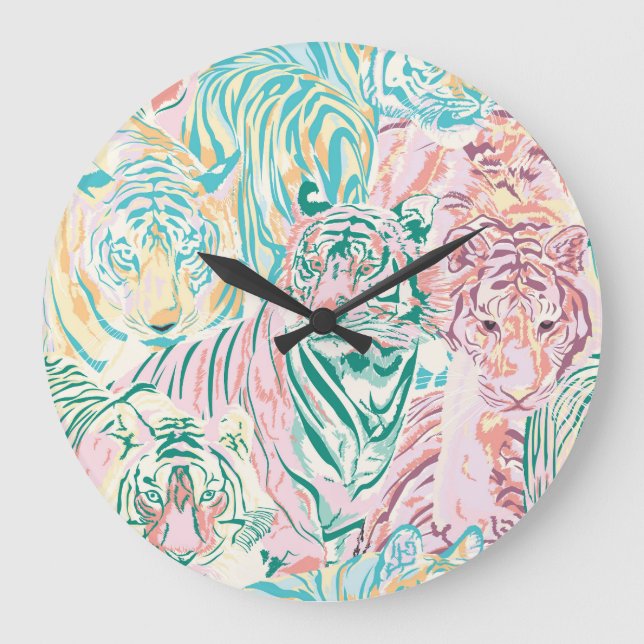 Pastel Color Tiger Art Pattern Large Clock (Front)