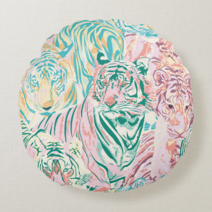 Pastel Color Tiger Art Pattern Round Pillow