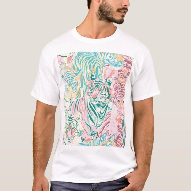 Pastel Color Tiger Art Pattern T-Shirt (Front)