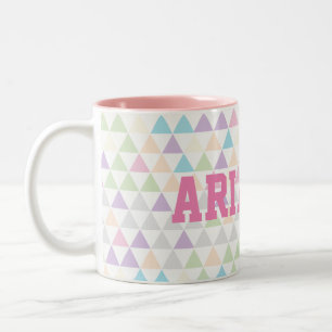 Pastel Color Triangles with pink Custom Name Two-Tone Coffee Mug