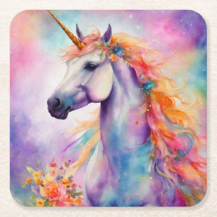 Pastel Color Unicorn Square Paper Coaster