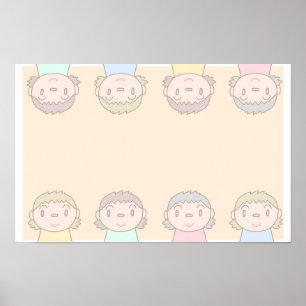 Pastel-colored art featuring children's smiles. poster