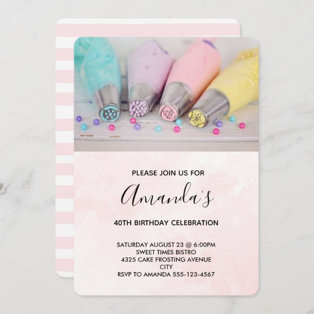 Pastel Colored Cake Decorating Tools Birthday Invitation (Front/Back)