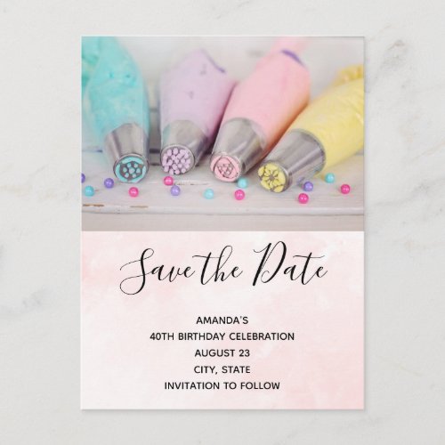 Pastel Colored Cake Decorating Tools Save the Date Invitation Postcard