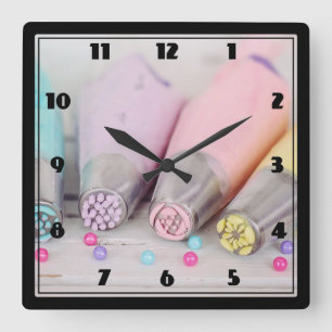 Pastel Colored Cake Decorating Tools Square Wall Clock