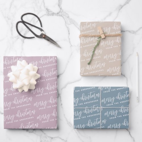 Pastel Colored Calligraphy Merry Christmas Family Wrapping Paper Sheets