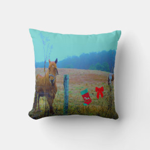Pastel colored Horses, Stocking on fence Throw Pillow