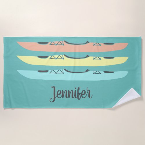Pastel Colored Kayaks Personalized Teal Blue Beach Towel