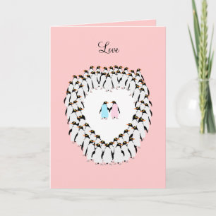 Pastel colored penguins in heart holiday card