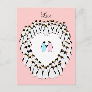 Pastel colored penguins in heart postcard