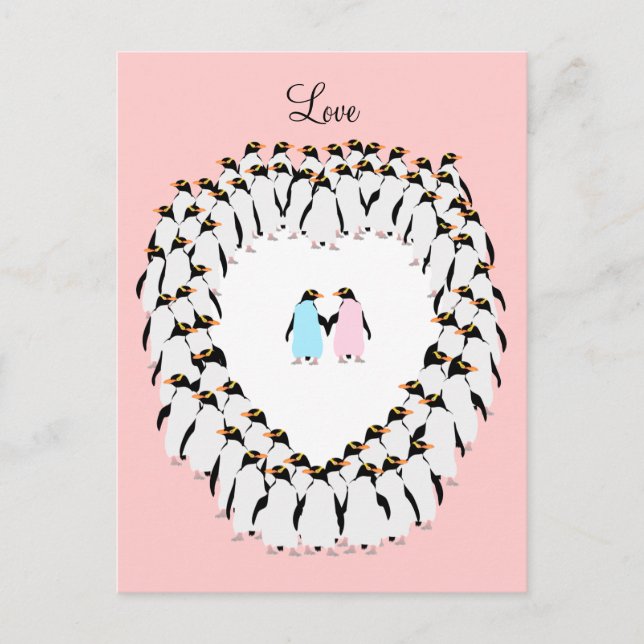 Pastel colored penguins in heart postcard (Front)