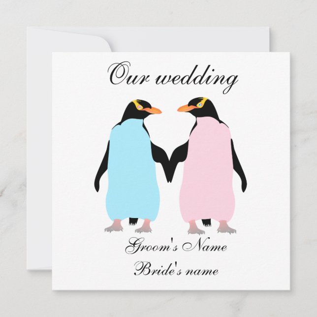 Pastel colored penguins wedding invitation (Front)