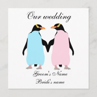 Pastel colored penguins wedding invitation