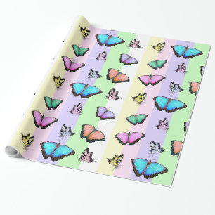 Pastel Colored Pink, Green, Yellow Butterflies Wrapping Paper
