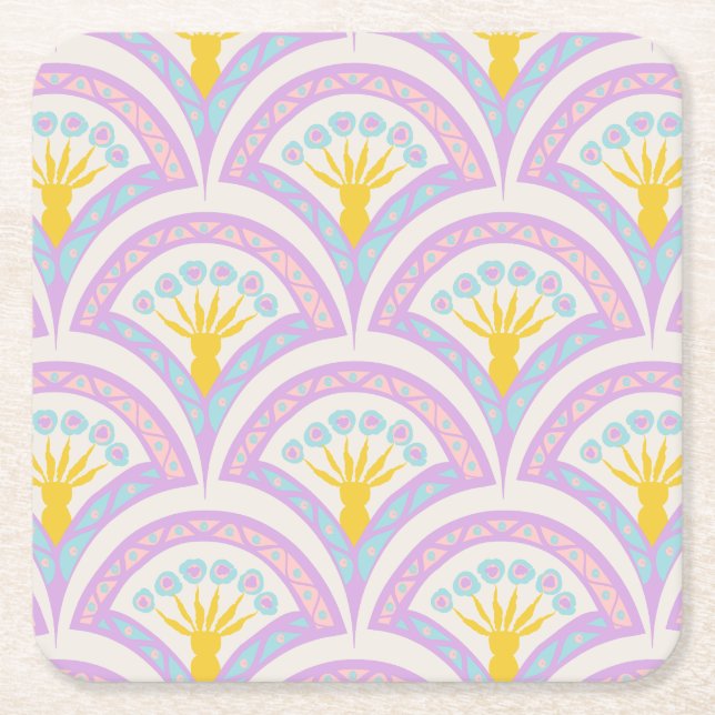 Pastel colored shell pattern square paper coaster (Front)