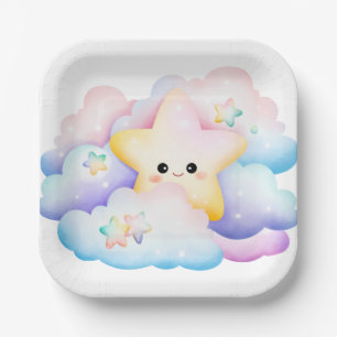 PASTEL COLORED SMILING STAR AND CLOUDS PAPER PLATES