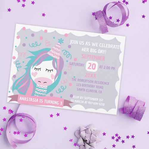 Pastel Colored Unicorn Girls Birthday Party Invitation