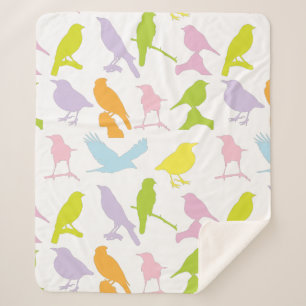 Pastel Colored Variety of Birds Pattern Sherpa Blanket