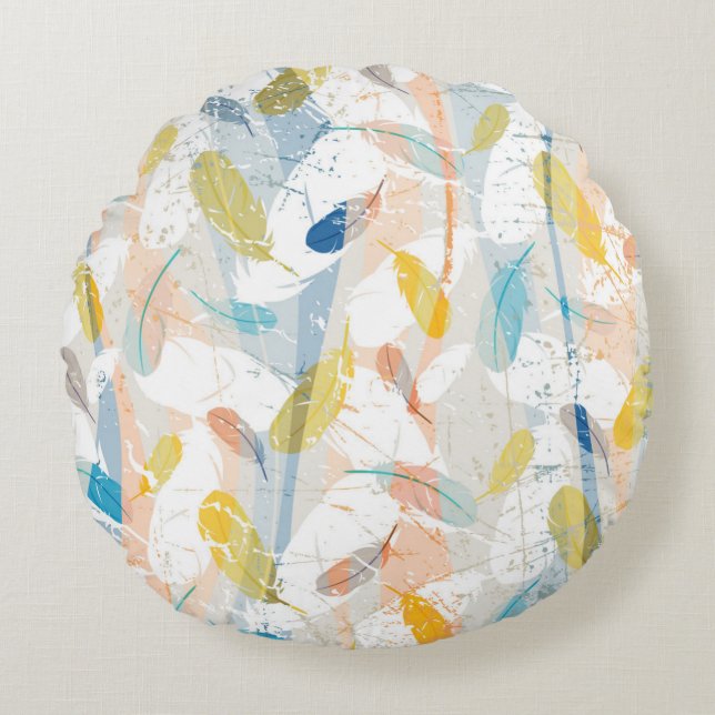 Pastel Colorful Abstract Feathers Pattern Round Pillow (Front)