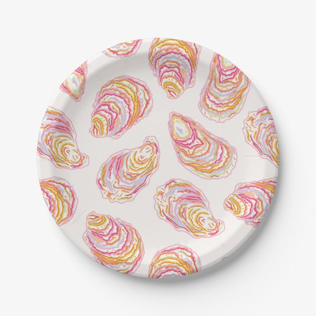 Pastel Colorful Coastal Oyster Shells Paper Plates (Front)
