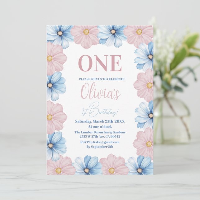 Pastel Colorful Daisy Flowers 1st Birthday Invitation (Standing Front)