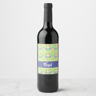 Pastel colorful fishes on yellow wine label