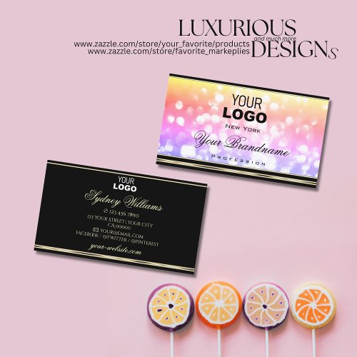 Pastel Colorful Glitter Black Gold Border and Logo Business Card