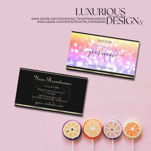 Pastel Colorful Glitter Black Gold Border Initials Business Card