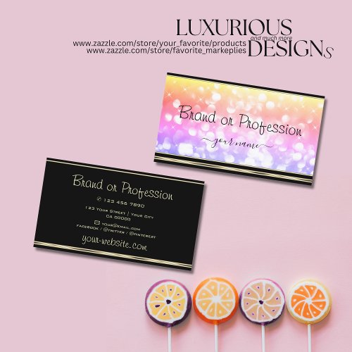 Pastel Colorful Glitter Stars Black Gold Border Business Card