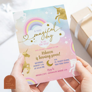Pastel Colorful Gold Magical Unicorn Girl Birthday Invitation
