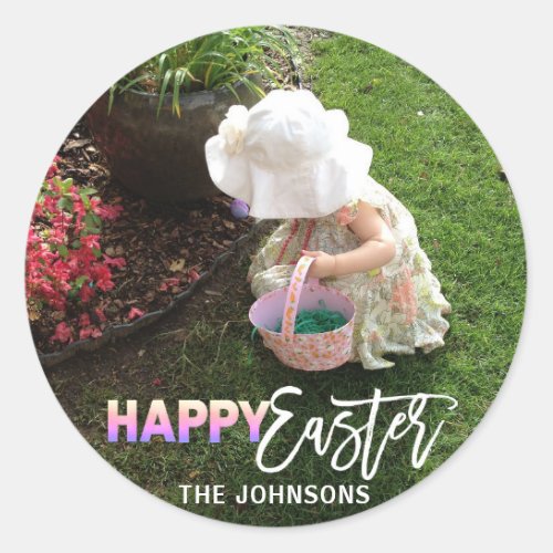 Pastel Colorful HAPPY EASTER  Add PHOTO Classic Round Sticker