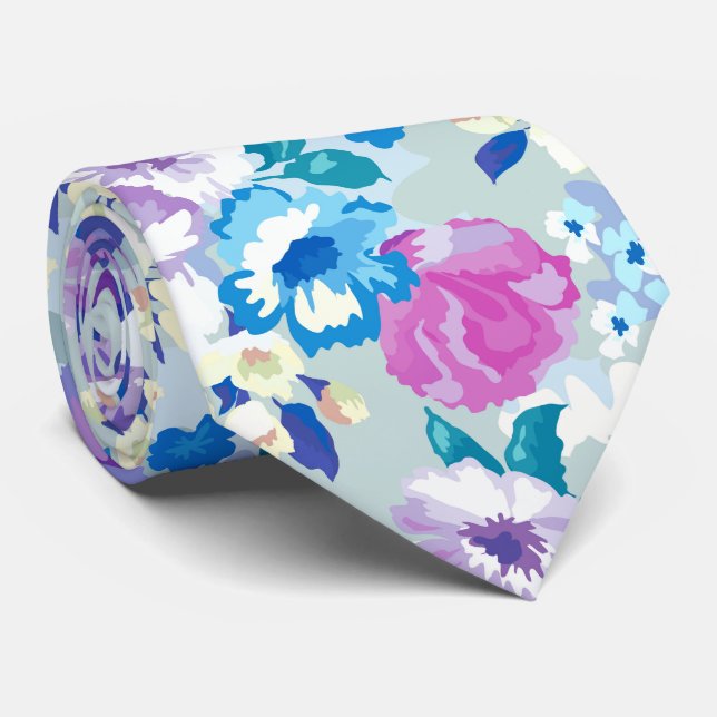 Pastel Colorful Summer Flowers Pattern Tie (Rolled)