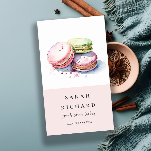 Pastel Colorful Watercolor French Macarons Bakery Business Card (Creator Uploaded)
