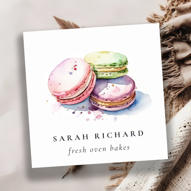 Pastel Colorful Watercolor French Macarons Bakery Square Business Card (Creator Uploaded)