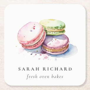 Pastel Colorful Watercolor French Macarons Bakery Square Paper Coaster