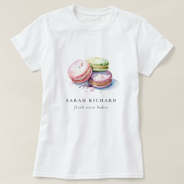 Pastel Colorful Watercolor French Macarons Bakery T-Shirt (Design Front)